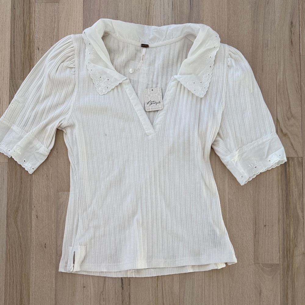 NWT Free People Roxy Eyelet Polo Split neck Blouse, white, L